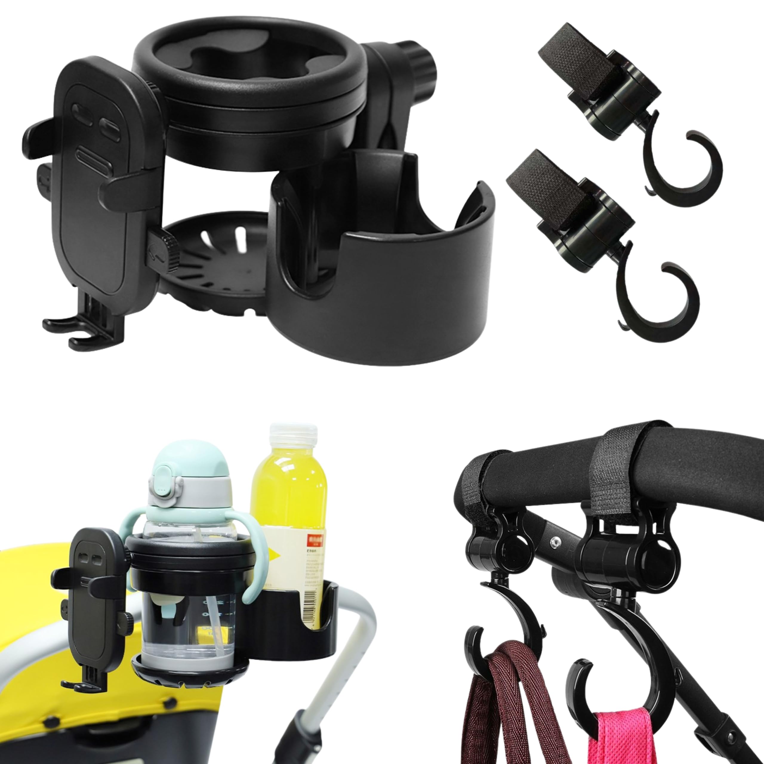 

East Leaf Stroller Drink Holder with Smartphone Rest and 2 for Baby Bottles and Water Design Drink 2 Hooks, Black, Bottles, 360° Rotation, 2-in-1 (1 чёрный