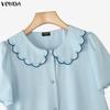 VONDA Women Casual Lapel Neck Short Sleeve Embroidery Cute Blouse
