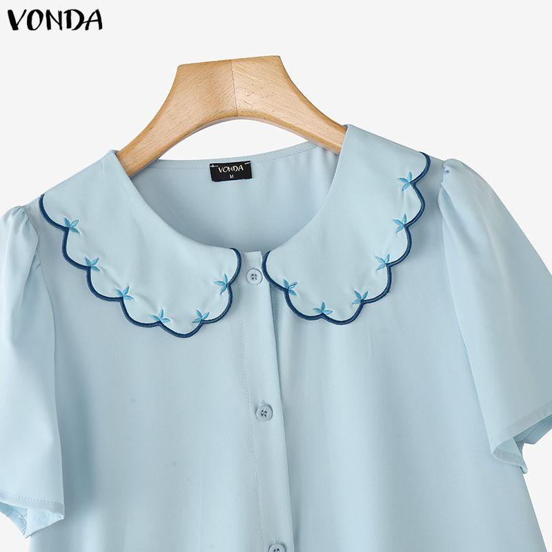 VONDA Women Casual Lapel Neck Short Sleeve Embroidery Cute Blouse