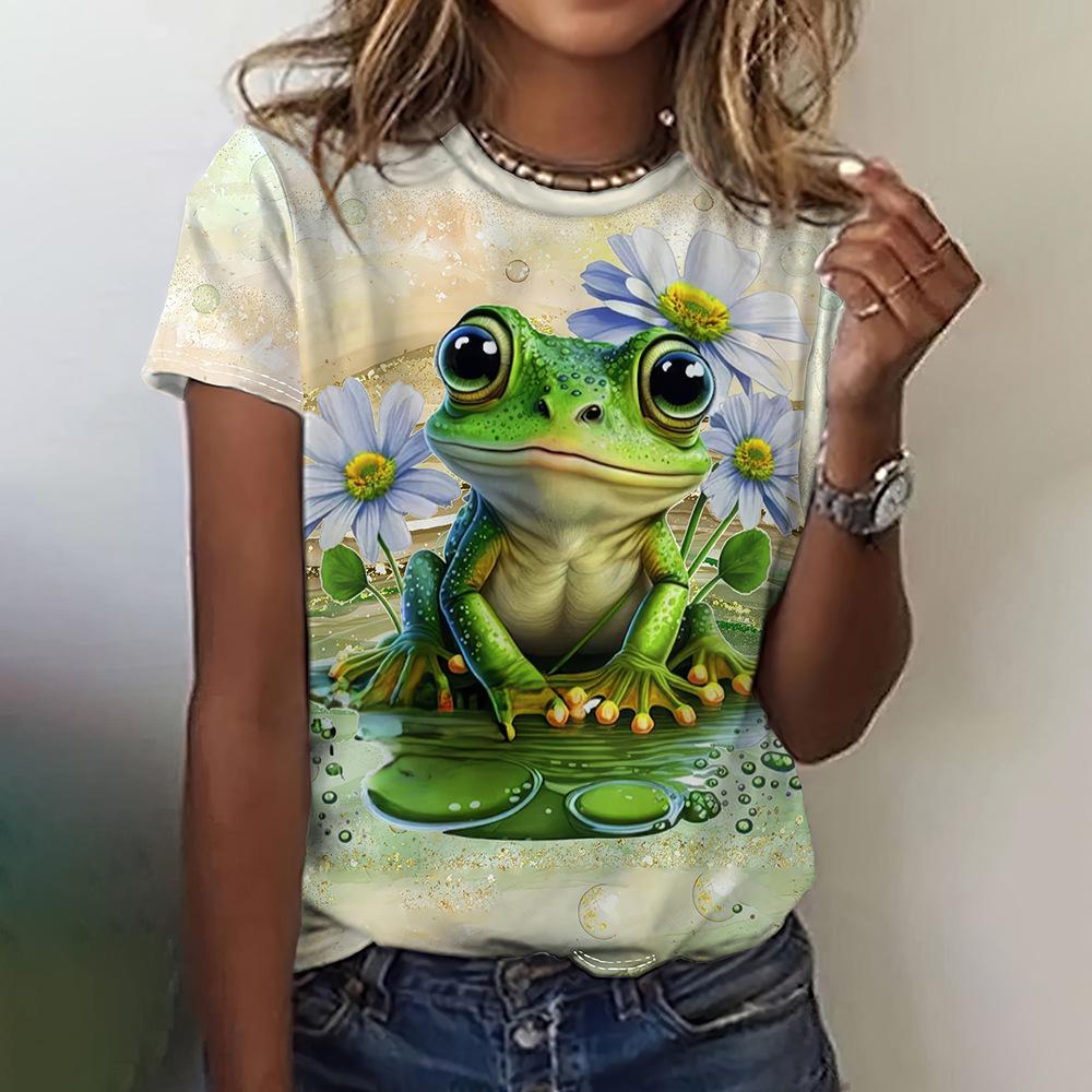 Funny Frog Print Animal Personalized T-shirt Women Casual Comfortable Round Neck Short Sleeved Plus Size T-shirt
