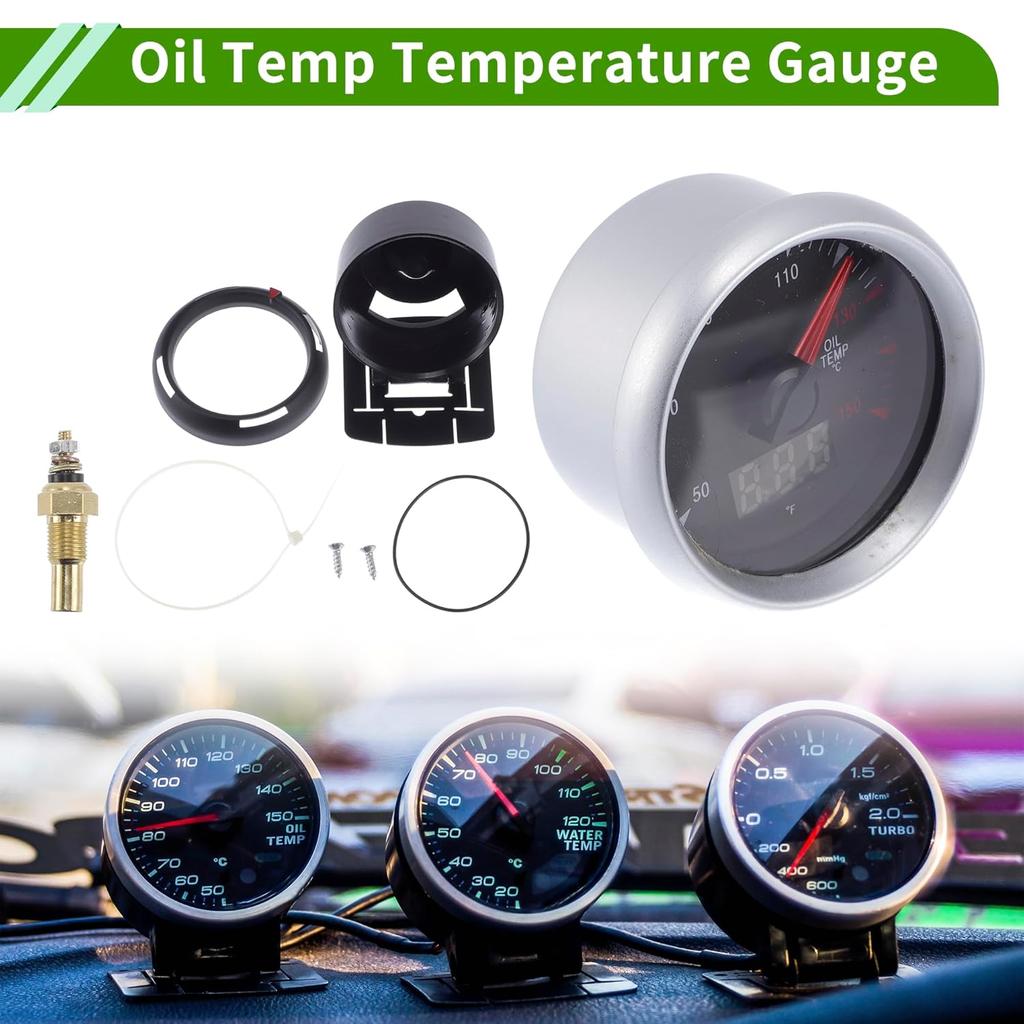 Oil Temp Temperature Gauge Meter Kit Silver Tone Engine Temp Gauge 2" 52mm White 50Degrees Celsius-150Degrees Celsius
