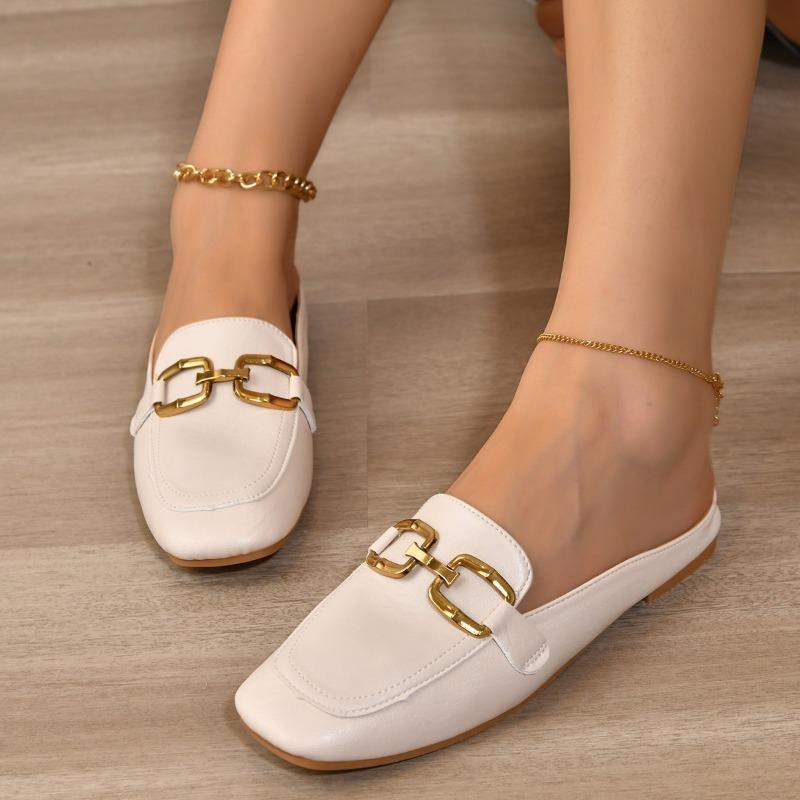 Baotou Half Slippers Women Shoe British Style Fashion Metal Buckle Decorate Med Heel Casual Slides Spring Summer Lazy Slipper