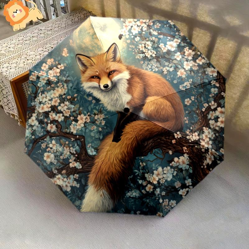 0106 Cherry Blossom Fox Pattern, Automatic Folding Umbrella, Portable and Foldable Design, 8 Ribs, a Christmas or Birthday Gift.
