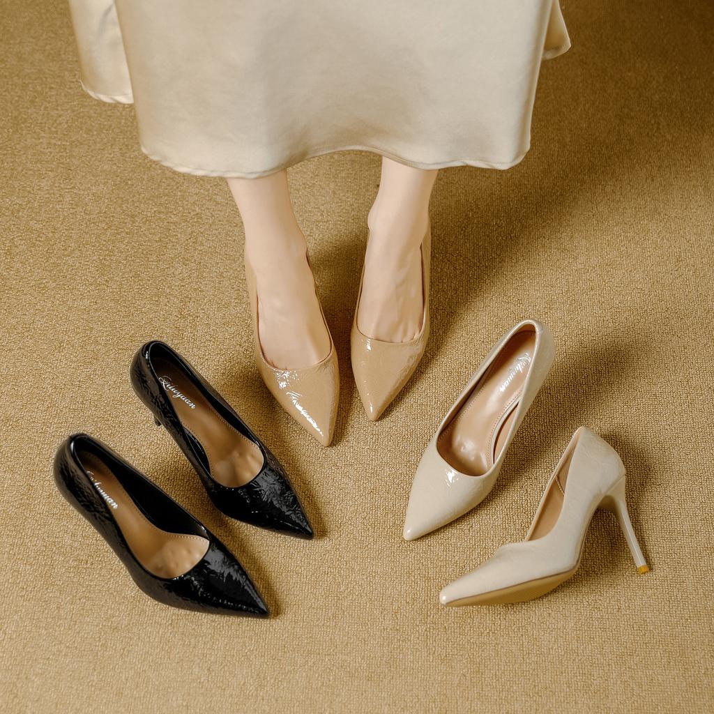 stiletto high heels 2026 spring solid color soft leather pointed commuter work shoes foot cover light mouth single shoes