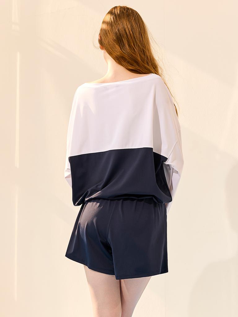 Bohemianbeullu [Set] String Tie Boat Neck Women'S Loose Fit Rash Guard Wn/Deep Navy Layered Wrap Shorts Set-Up