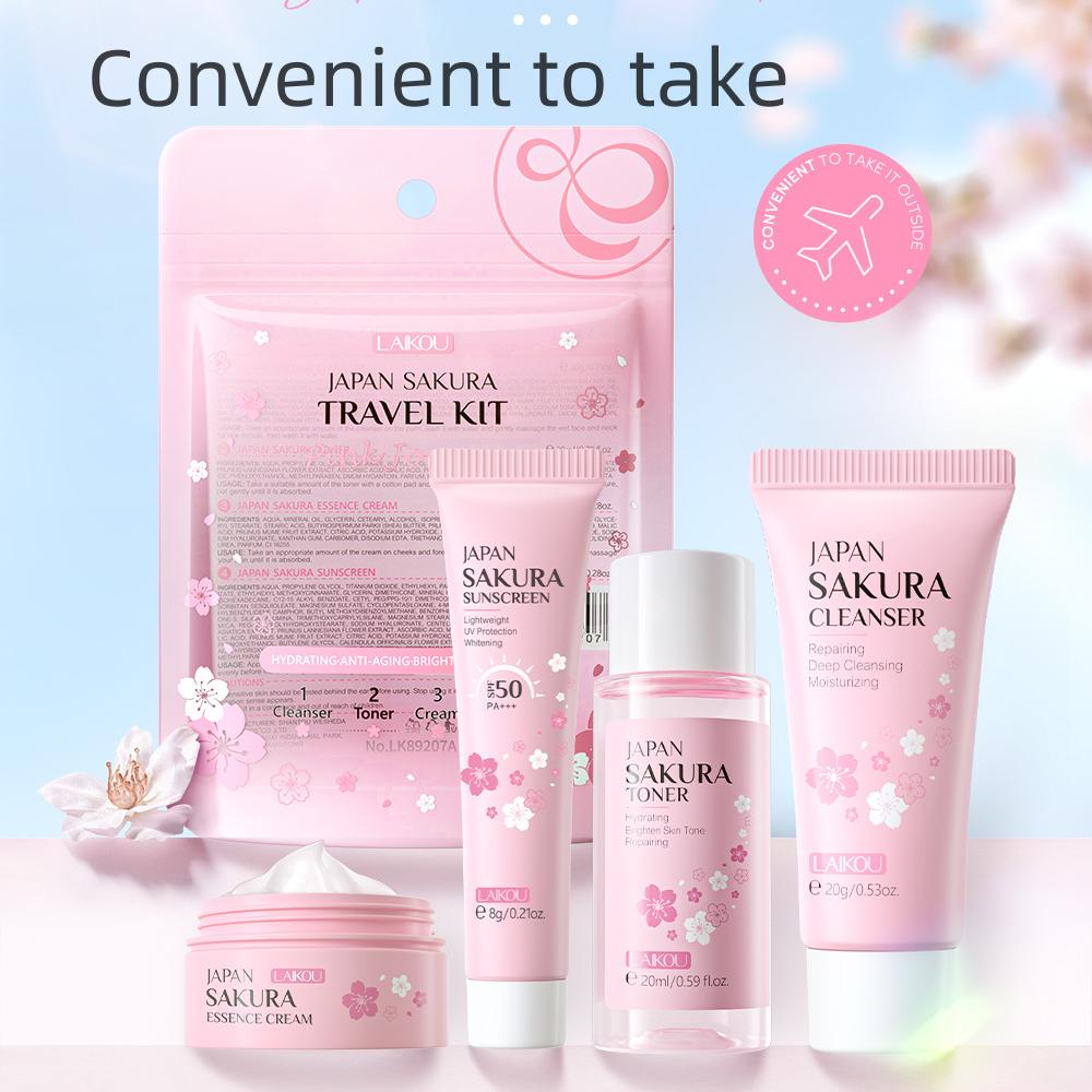LAIKOU Japan Sakura Skin Care Travel Set 4 Pcs Cleanser, Toner, Cream, Essence