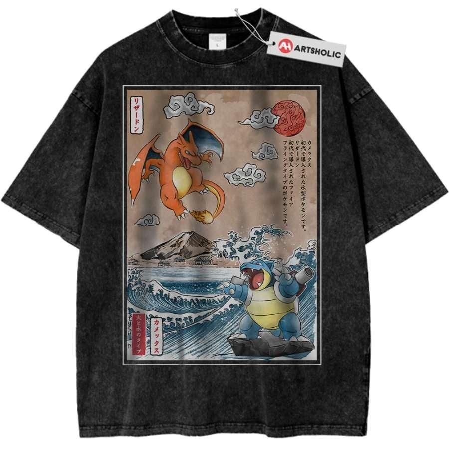 Vintage Washed Anime Dragon vs Turtle Graphic T Shirt Unisex Oversized Tee S разноцветный