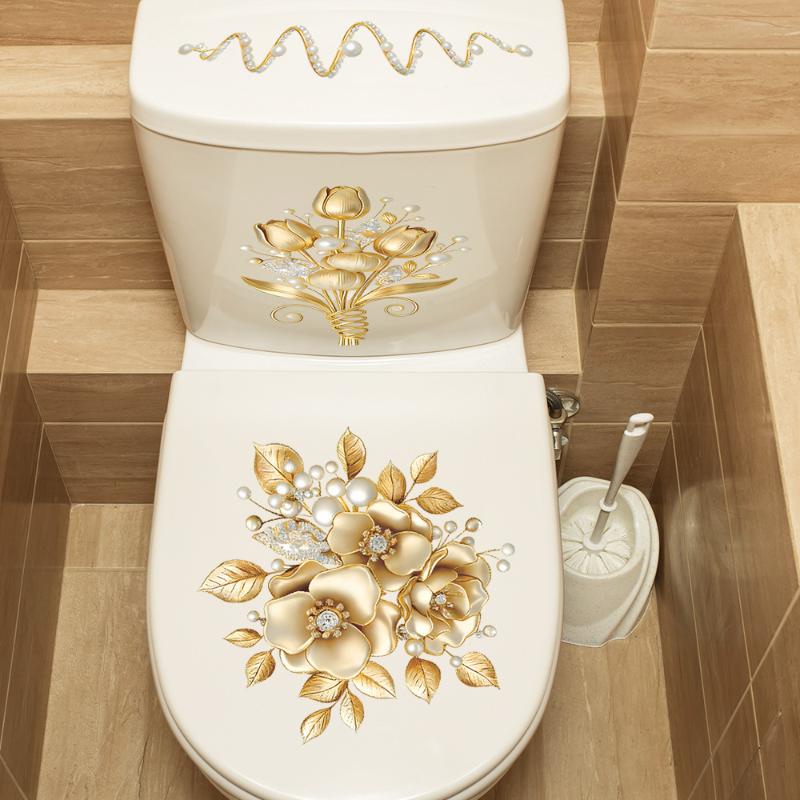 2 Sheets Bathroom Wall Background Decal Gold Flower Pearl Waterproof Toilt Sticker Home Decoration Self-adhesive Posters