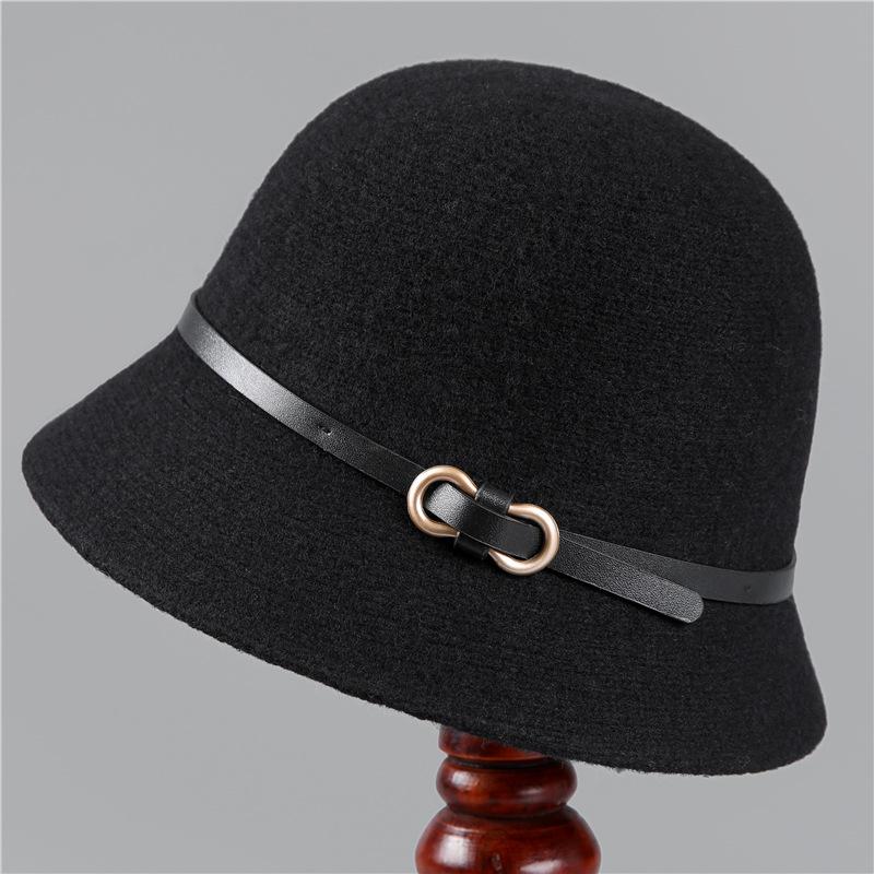 

Belt Buckle Wool Hat Female Simple Japanese Small Edge Bucket Hat Showing Face Small Dome Basin Hat Versatile M（56-58cm） чорний