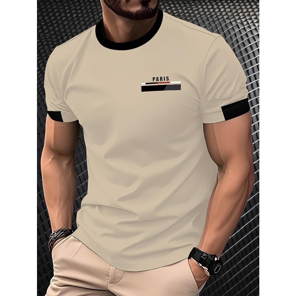 Men's 3D printed short sleeved T-shirt with color blocked striped pattern, breathable and lightweight fabric, casual men's streetwear top