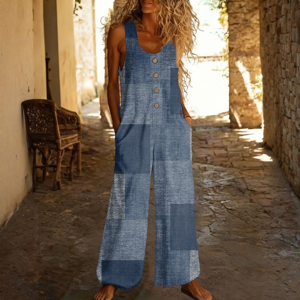 Casual Sleeveless Loose-fitting Jumpsuit With Pockets And Adjustable Straps For Women (long Length).