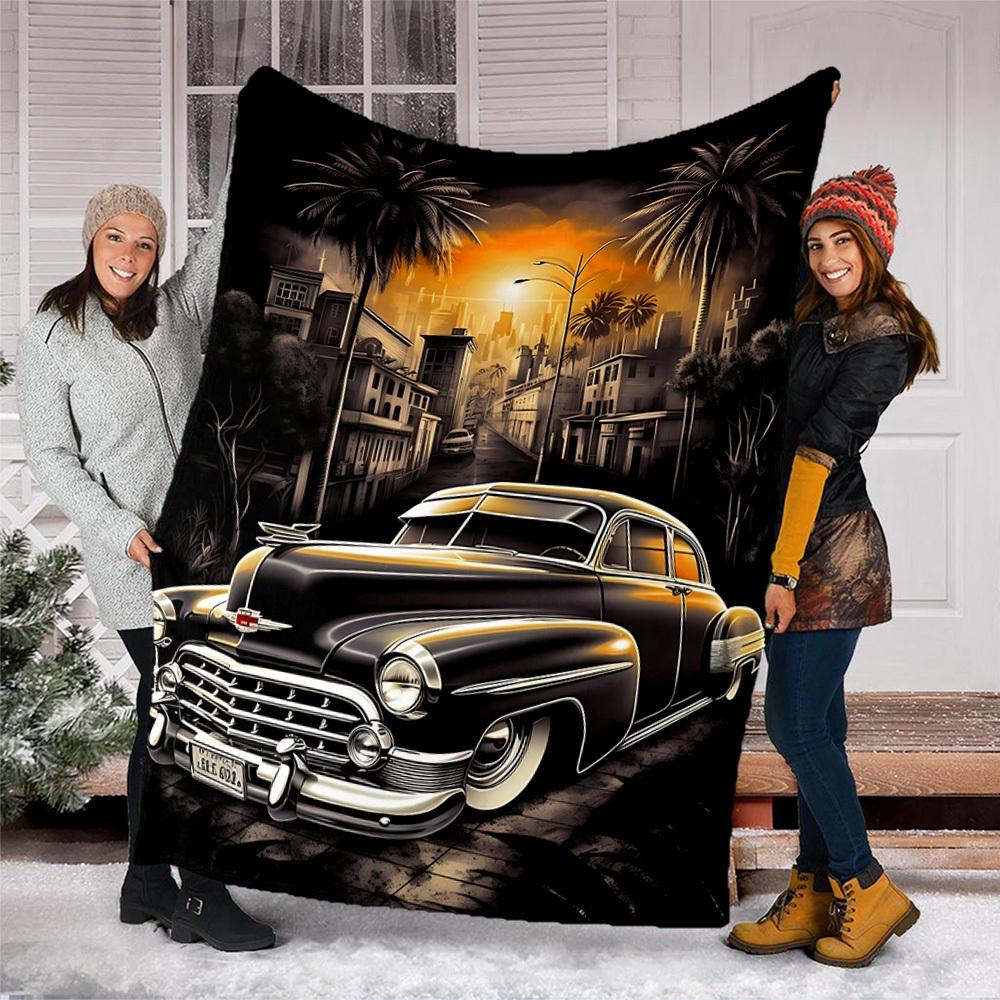 1pc Vintage Car Sunset Outdoor Flannel Blanket , Machine Washable Perfect Gift for Birthday , Holiday Travel Accessory , Durable Material