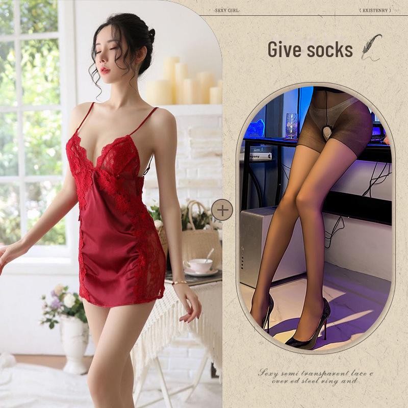 Sexy Temptation Lace Ice Silk Nightdress - Erotic Backless Lingerie for Women
