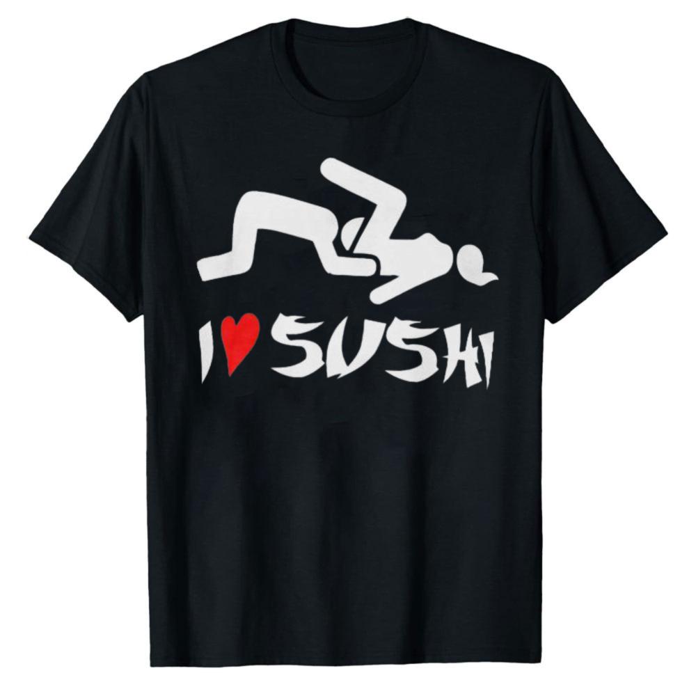 Abstract Brush Calligraphy I Love Sushi Red Heart Graphic Cotton Tshirt Japanese Food Retro Streetwear Loose Unisex Daily Tops