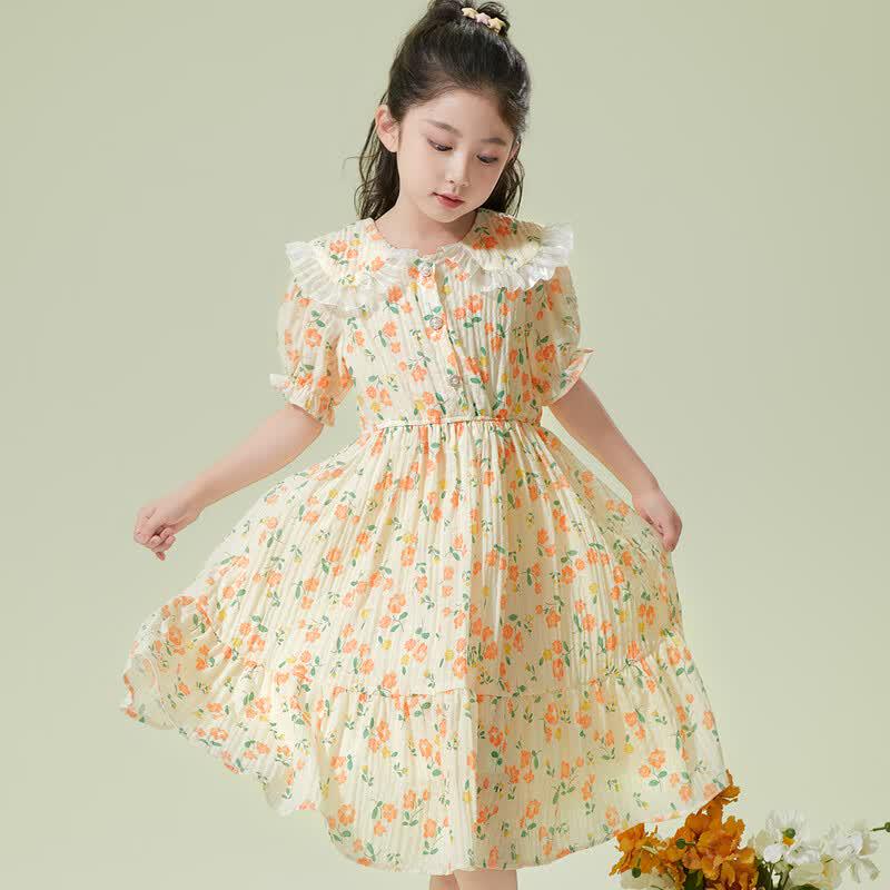 Girls' Sweet Floral Puff Sleeve Dress