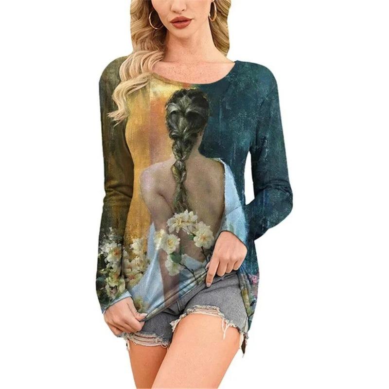 European and American Fashion Oil Painting Style Printed Casual Long Sleeved T-shirt O Neck Oversized Tees Tops Women's Clothing