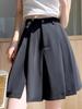 2024 New Black High-Waisted Pleated Wide-Leg Shorts - Slimming, Casual, Slit Design