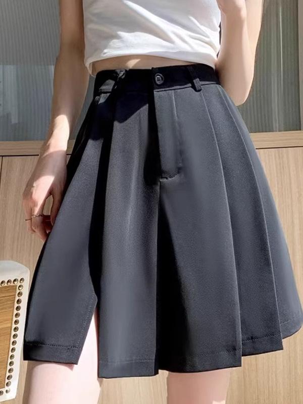 2024 New Black High-Waisted Pleated Wide-Leg Shorts - Slimming, Casual, Slit Design
