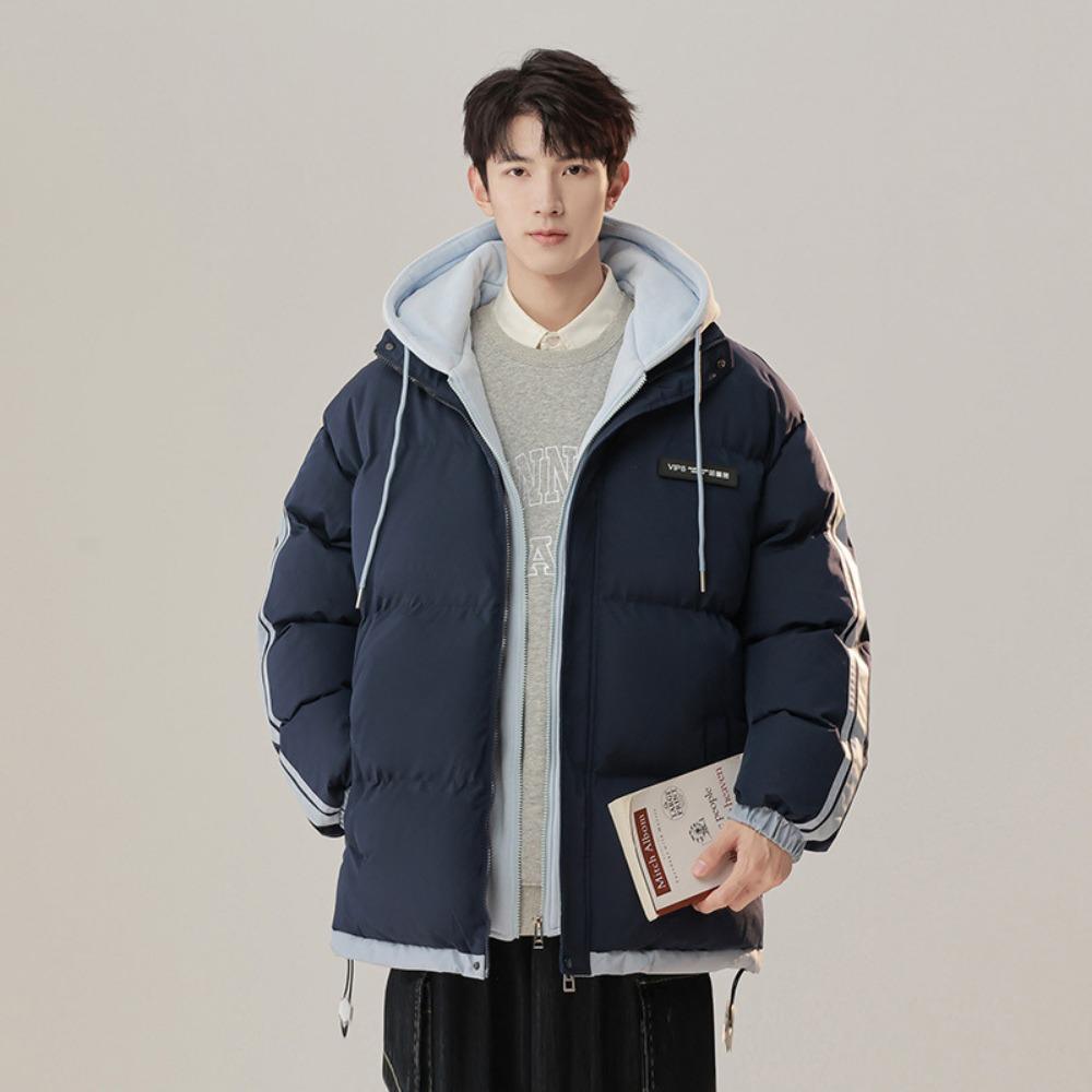 2025 Teen Warm Clothing Men's Winter Clothing Fake Two Pieces Thickened Hooded Trendy Brand Couple Simple Hundred Padded Clothes Men