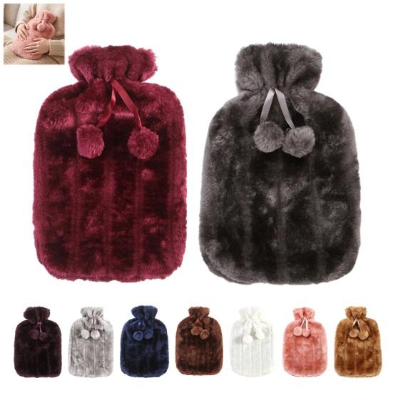 Pompom Drawstring Hot Water Bag 2L Bottle with Plush Cover, Lightweight Bag, Winter Warm for Hands, Feet, Stomach Cold Compress Pouch