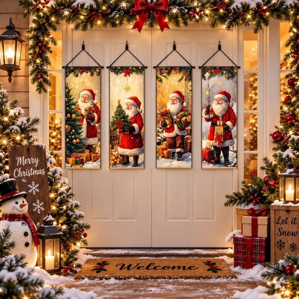 4pcs 2D Flat Christmas Flag Banners Santa Claus Christmas Hanging Flag Outdoor Decoration