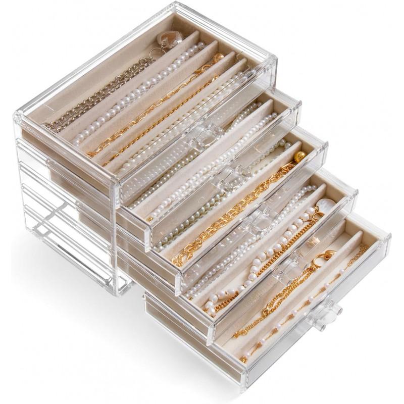 Velvet Necklace Storage Box Clear Acrylic Stackable Jewelry Organizer With Lid Dustproof