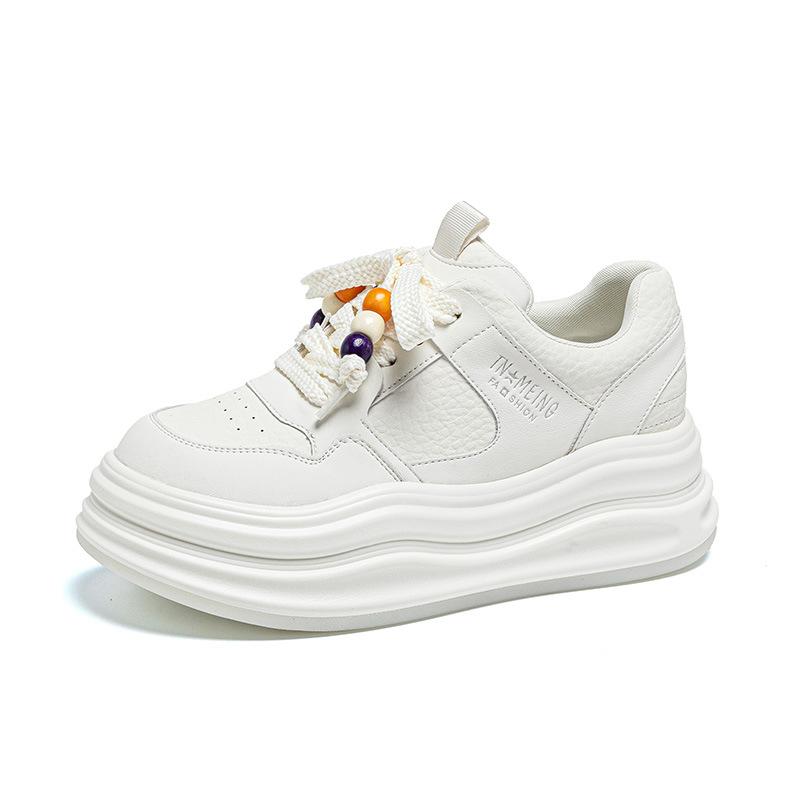 Platform White Shoes Women's Autumn New Round Head Lace-up Versatile Height-increasing Sports and Leisure Shoes Small Board Shoes