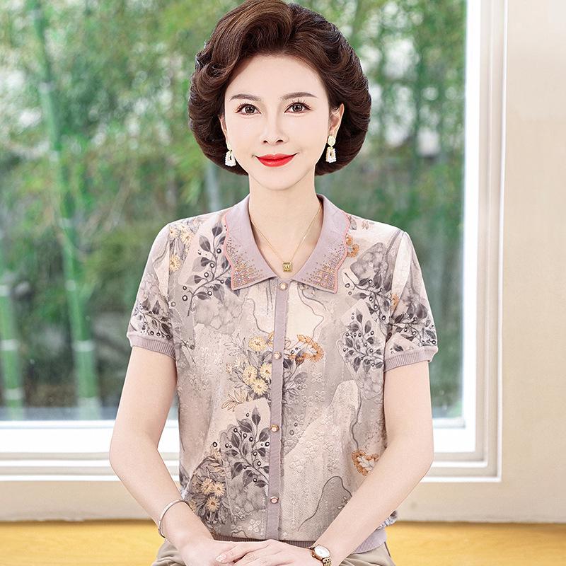 Mid-aged Mom Summer Ice Silk Short-Sleeve Lapel Top - Stylish & Loose for Middle-Aged Women