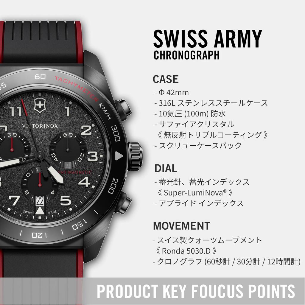 Victorinox SWISS ARMY Chronograph Analog Quartz Black Red Rubber Stainless Steel Case Interchangeable Brand Gift Water-Resistant Men's Watch, Dial,