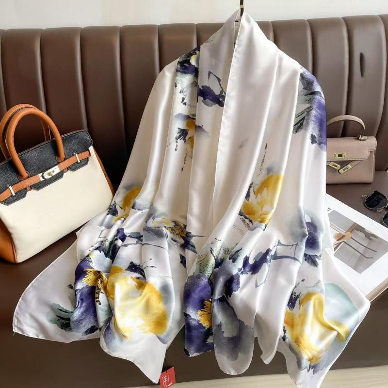 Spring and Summer Thin Silk Scarf High-end Printed Long Scarf New Satin Travel Sunscreen Scarf National Style Cloak