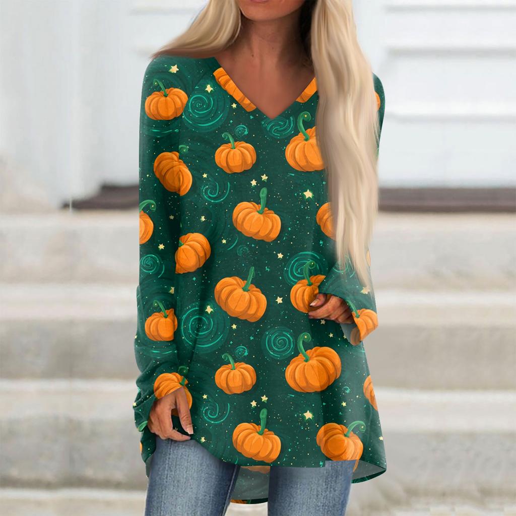 Damen Modisches Und Lässiges Halloween Bedrucktes T-Shirt Langärmlig V-Ausschnitt Mittellanges Oberteil
