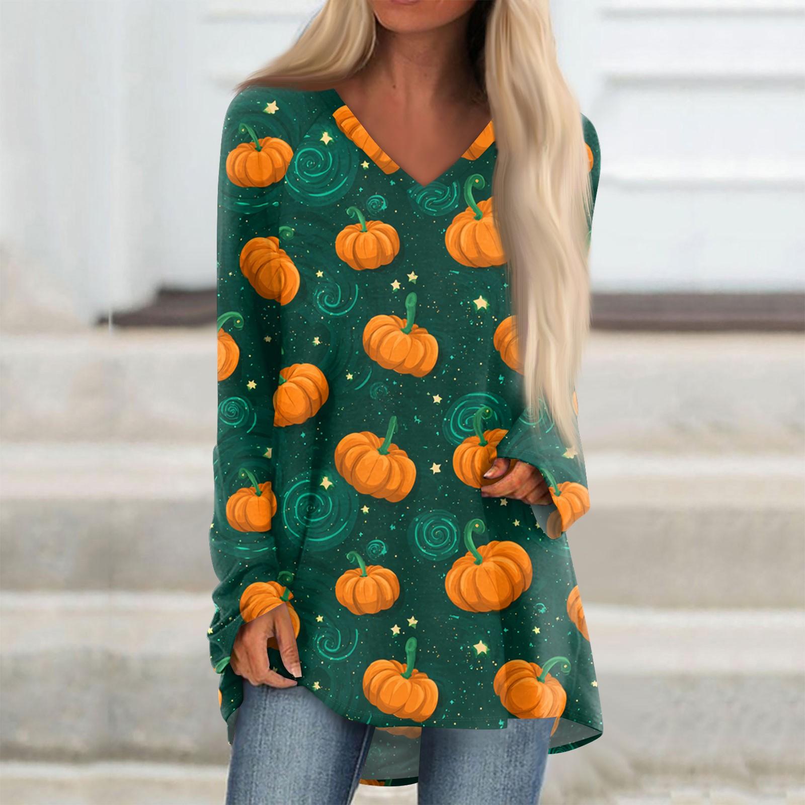 

Женская модная и повседневная футболка с принтом на Хэллоуин, с длинными рукавами, V-образным вырезом, средней длины M