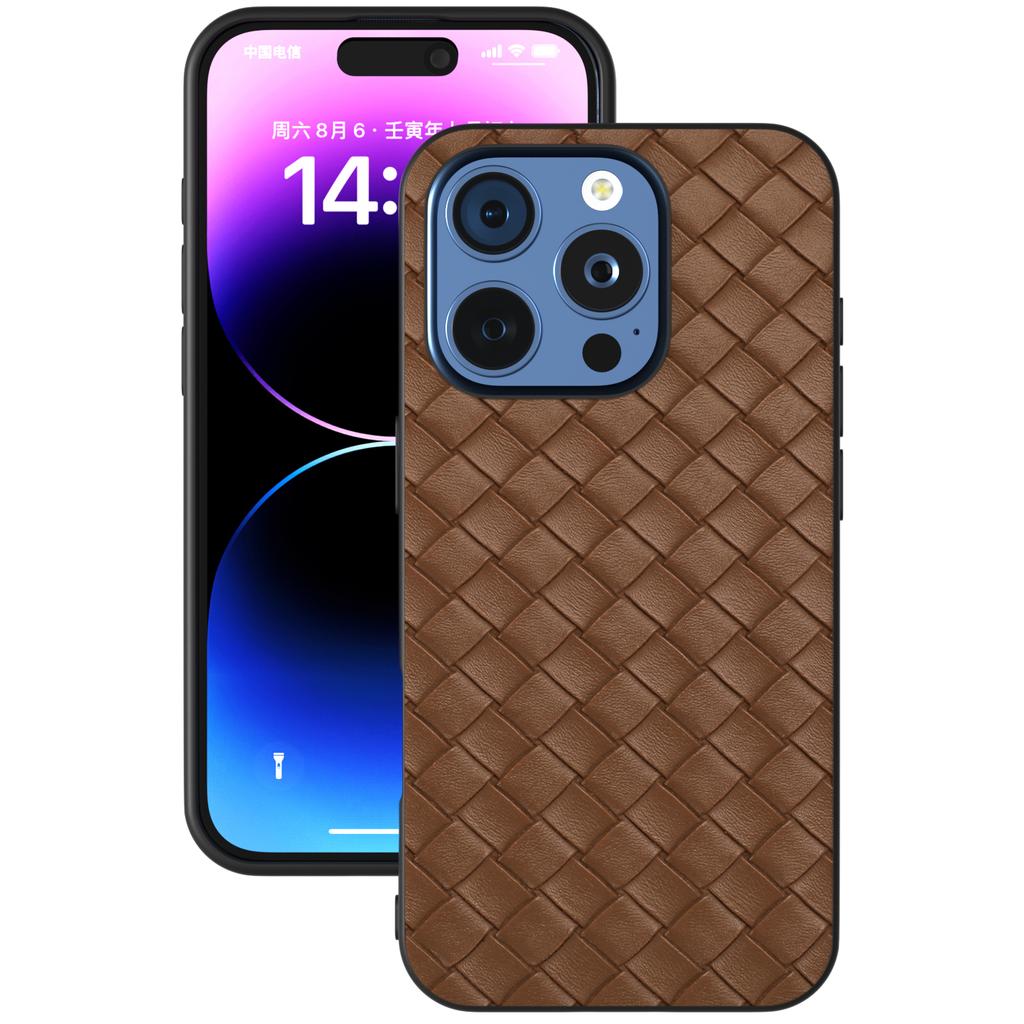 For iPhone 16 Pro Max Case Woven Texture PU Leather Coated PC+TPU Mobile Phone Cover