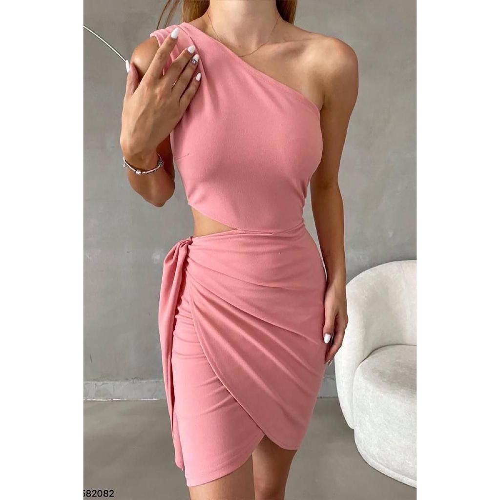 Red Asymmetrical Cut Crepe Dress With Tied Skirt