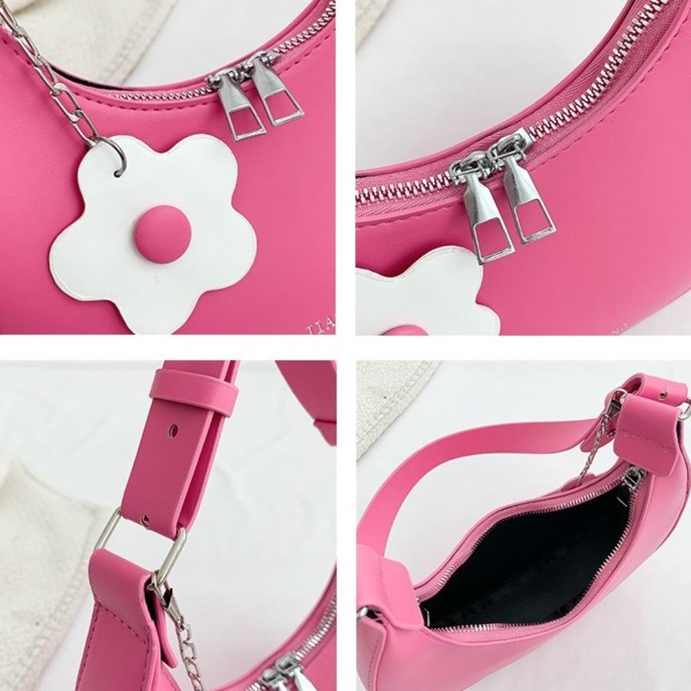 Dumpling Shape Flower Shoulder Bag Flower Pendant Women Underarm Bag Half-moon Bag  Streetwear