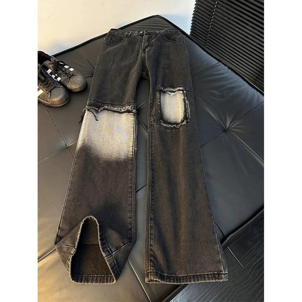 Spring and autumn American ruffian handsome retro old ripped patch black jeans men straight loose cone pants men