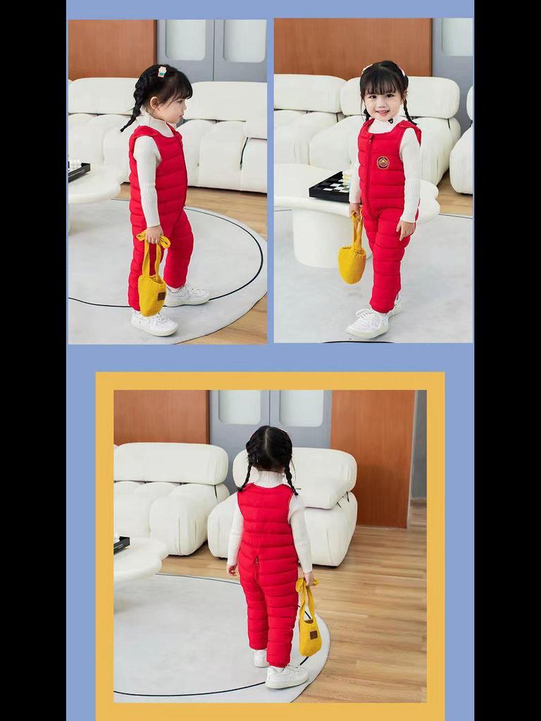 Bawełniane spodnie na szelkach dla niemowląt i małych dzieci z rozcięciem w kroku - Gruby zimowy kombinezon dla chłopców i dziewczynek