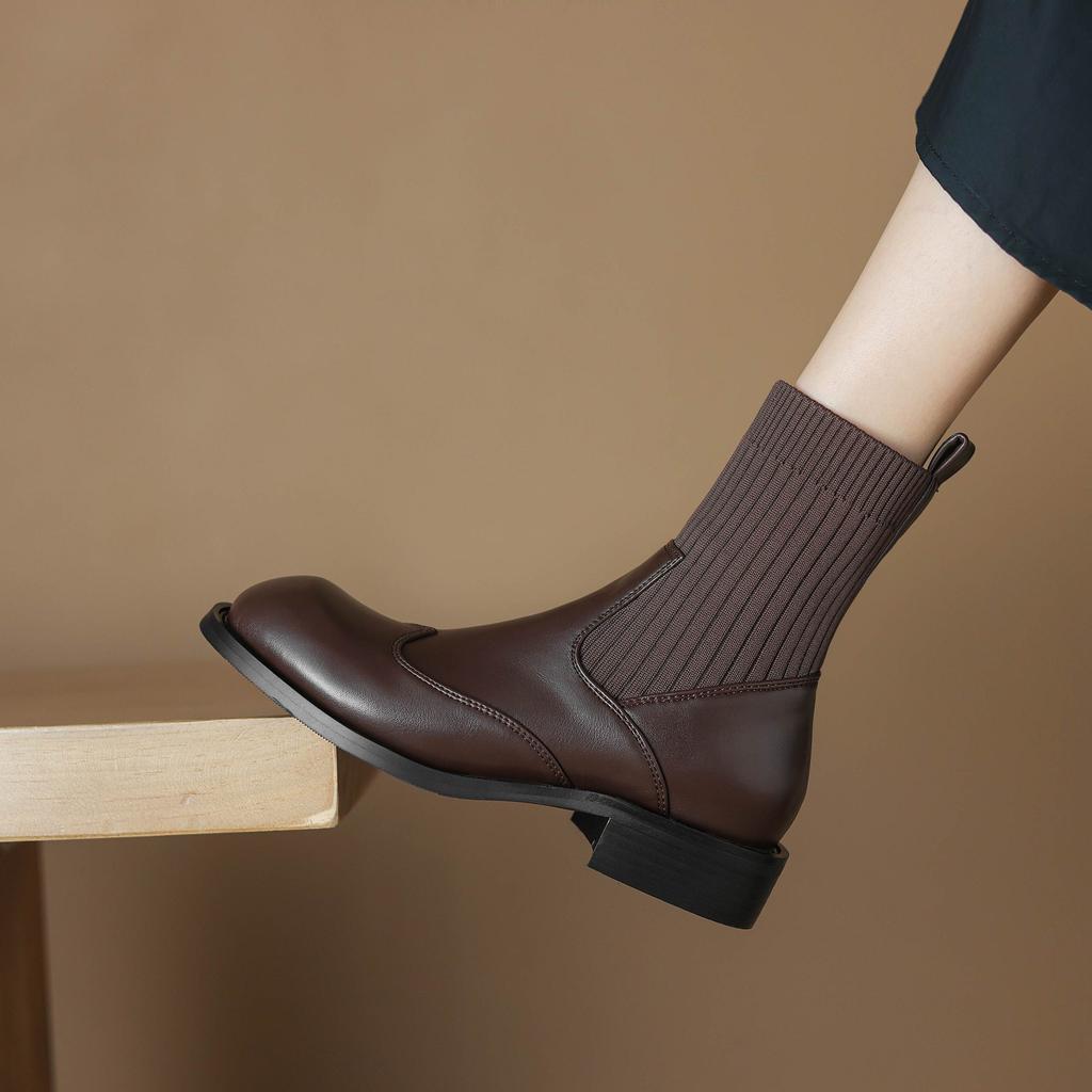 Krazing Pot Microfiber Autumn Winter Shoes Thick Med Heels Size 43 Chelsea Boots Back Knitwear Stretch Ankle Boots