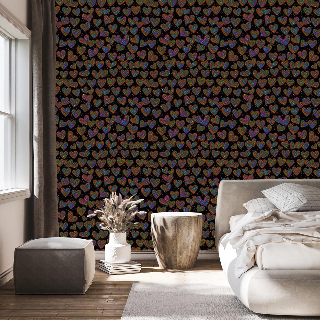 Neon Glitter Hearts Wallpaper Black, Rust and Ochre 50x1000