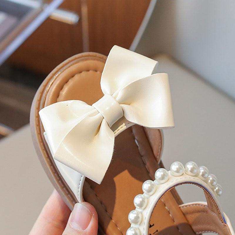 Girls Sandals Cute Bow Pearl Baby Girl Shoes Soft Flat Heels Princess Shoes Fashion Kids Beach Sandals Beige Yellow Black H02254