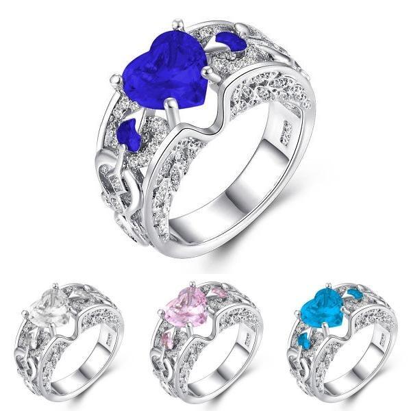 Elegant Women Ladies Rhinestone Princess Heart Shape Jewelry Wedding Ring