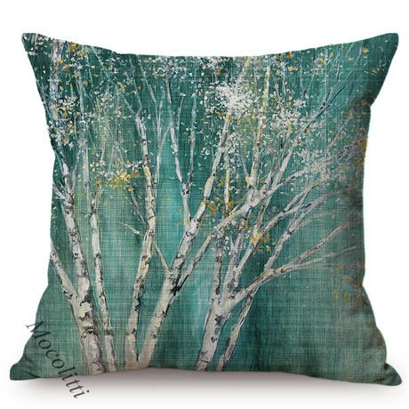 Spring Decoration Blue Flower Blue Birch Cherry Dogwood Blossoms Branch Oil Painting Design Cushion Cover Sofa Throw Pillow Case