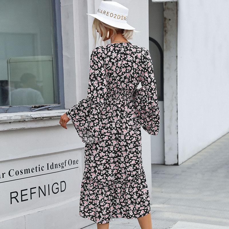YYFS Women's Fashion Summer Spring Floral Print Long Sleeve V-Neck High Waist Casual Dresses