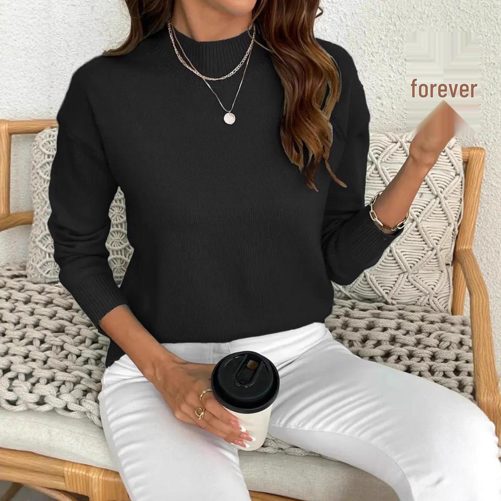 Women's Solid Color Loose Knit Pullover with Half-High Neck and Long Sleeves - Autumn/Winter Fashion Sweater.