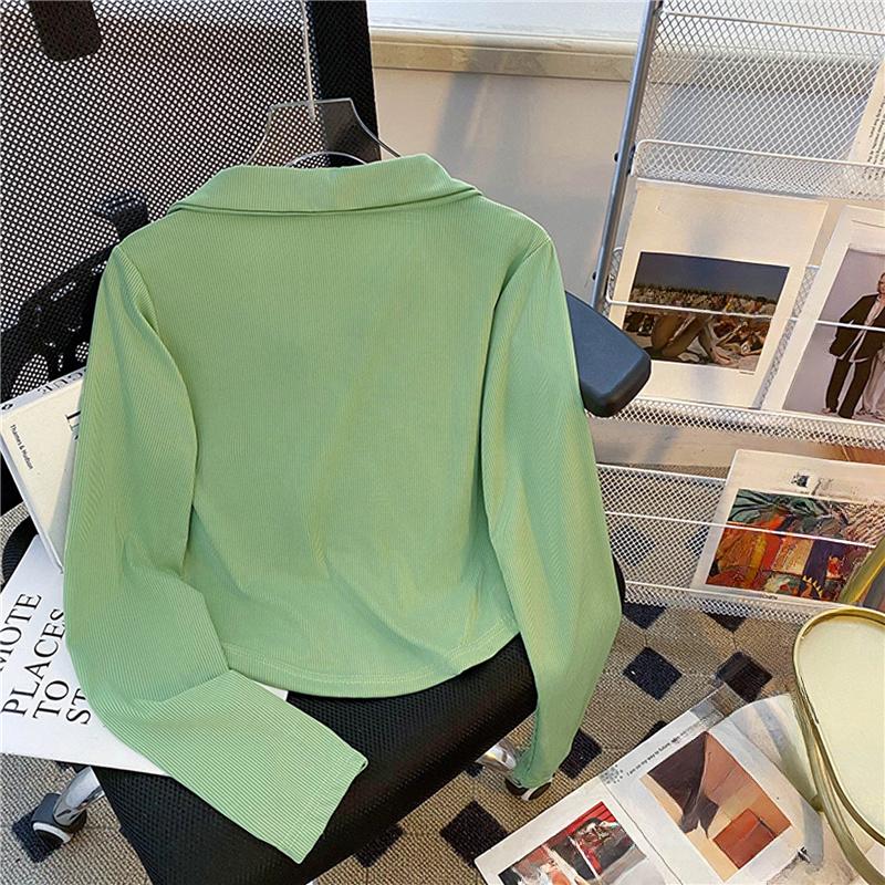 Jaro podzim Dámské triko s polo výstřihem Harajuku pevné slim triko s dlouhým rukávem nepravidelná krátká trička pro dámské crop topy Femme