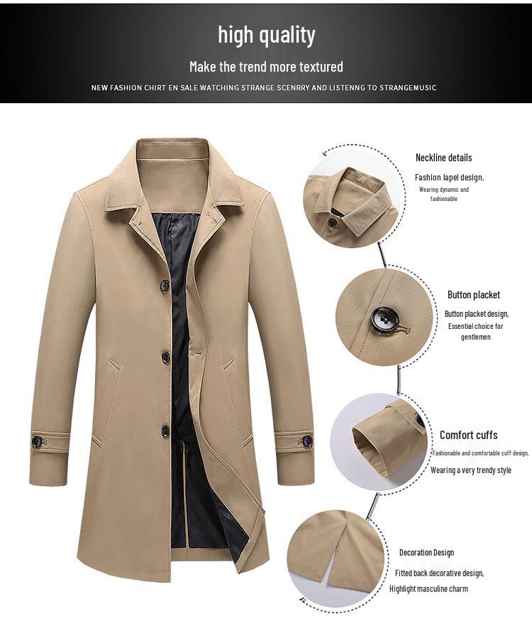 Men's High-Grade Mid-Length Casual Windbreaker Lapel Jacket for Spring, Summer, and Autumn