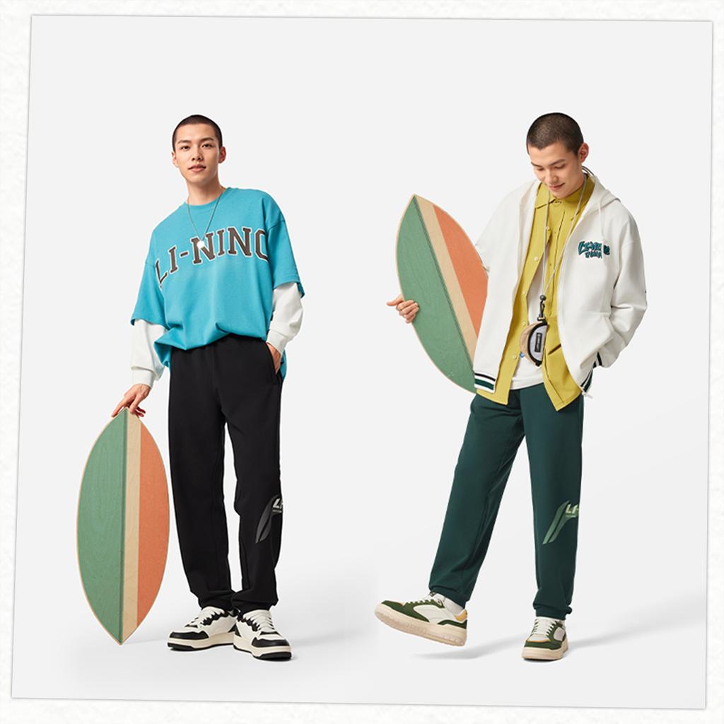 Li-Ning Comfortable Simple Letter Cuffed Mid-Waist Versatile Casual Pants Men bottoms Forest-Green AKLVC19-4