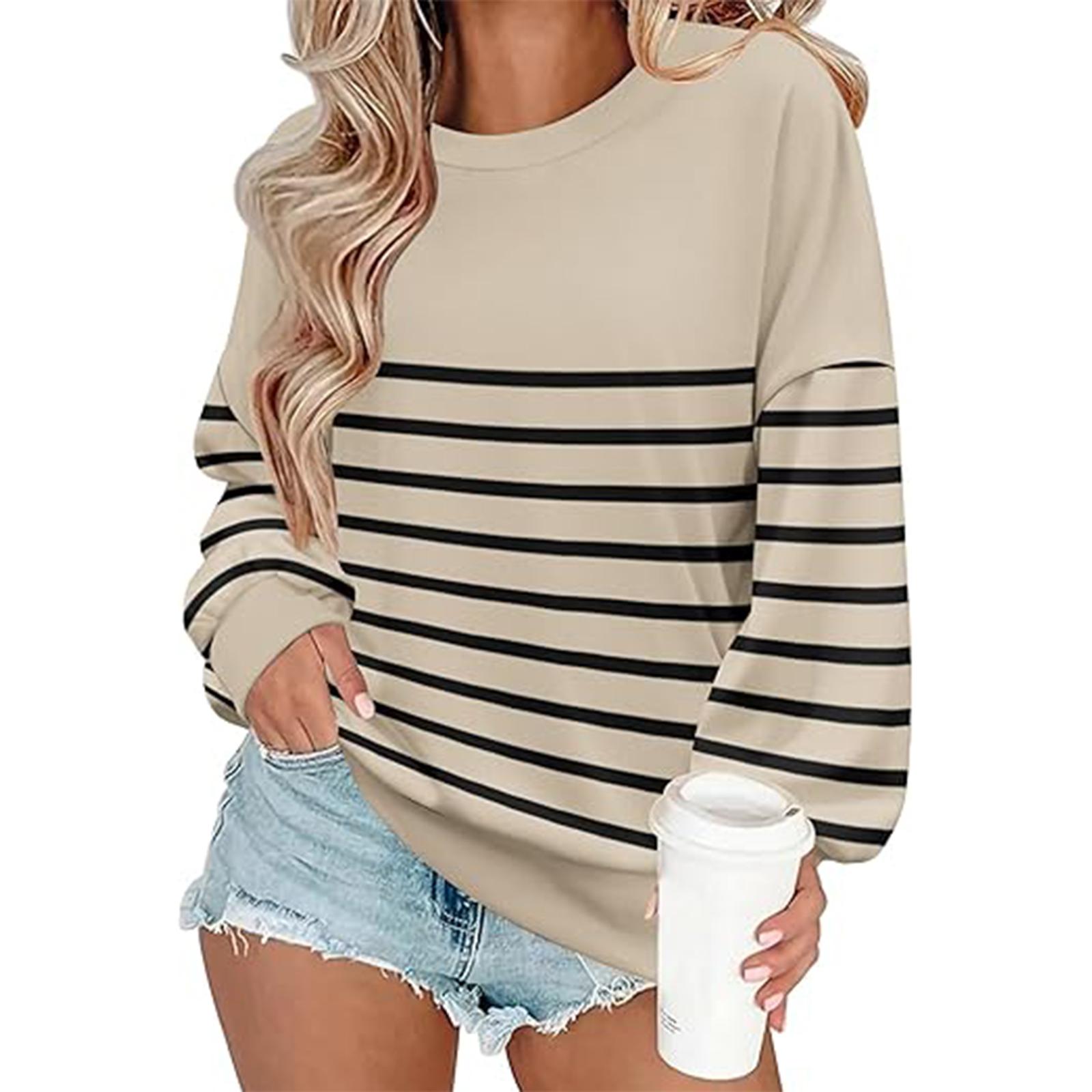 

Женский пуловер с полосатым принтом и спортивная одежда для зимних видов спорта, свободная толстовка, повседневная с длинным рукавом M бежевый