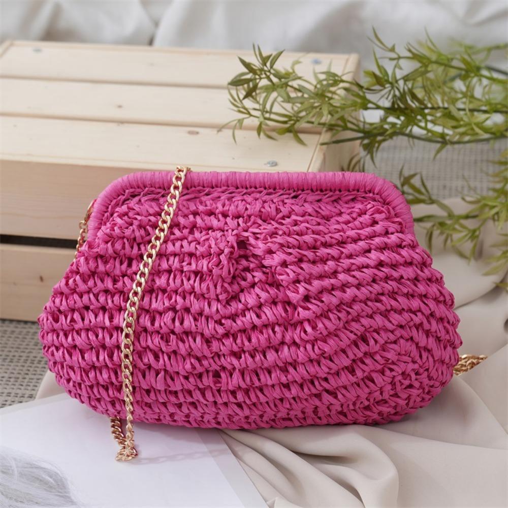 New Large Capacity Straw Woven Bag Solid Color Straw Weaving Straw Crossbody Handbag with Chain Strap Shoulder Bag Beach