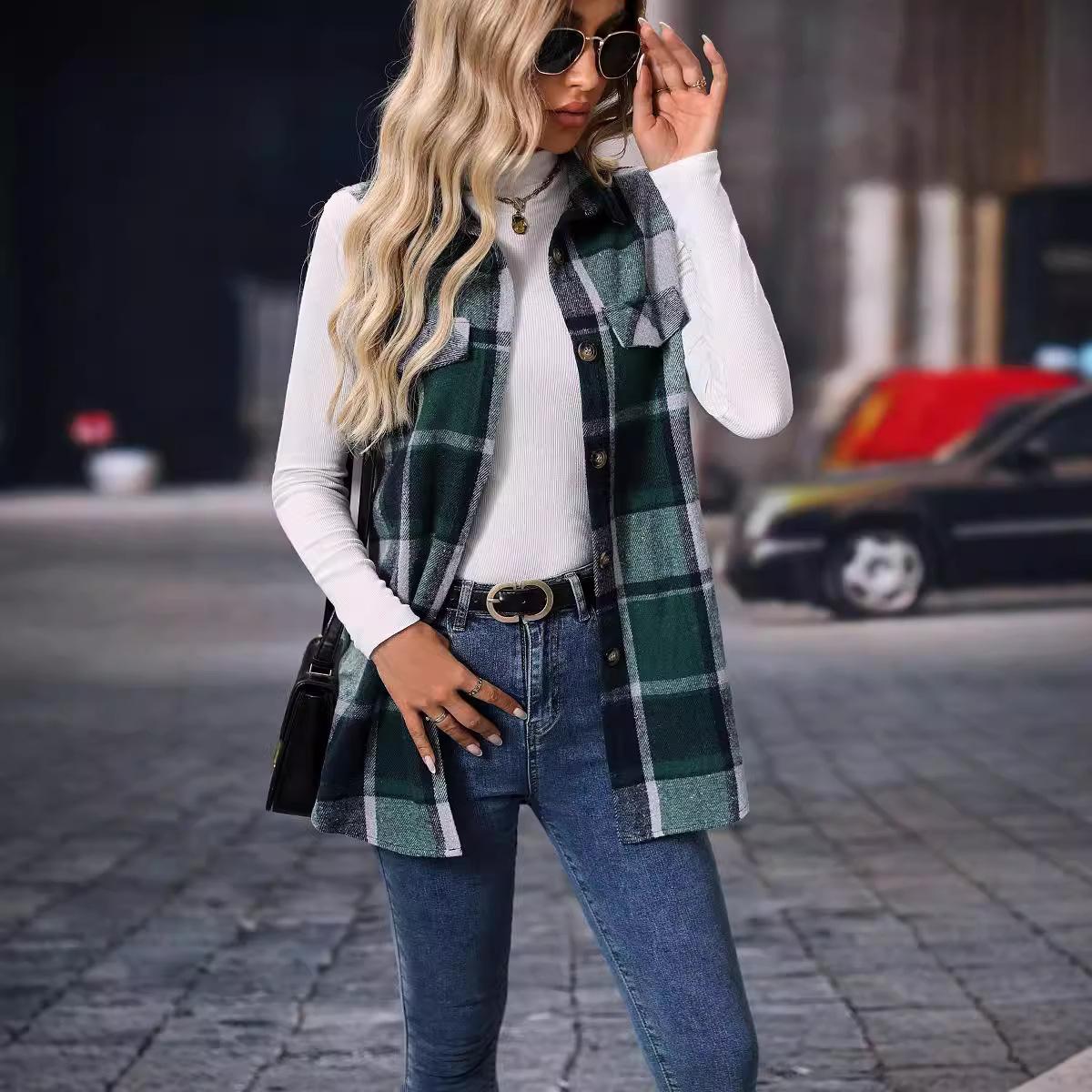 

Women s Sleeveless Plaid Shirt Vest in Red Brown Check with High Neck White Top and Blue Jeans S зелений